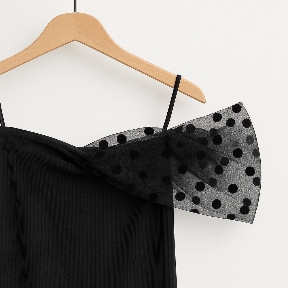 SHEIN Black Strapless Ribbed Dress w/ Polka Dot Tulle Overlay Bodycon Dress